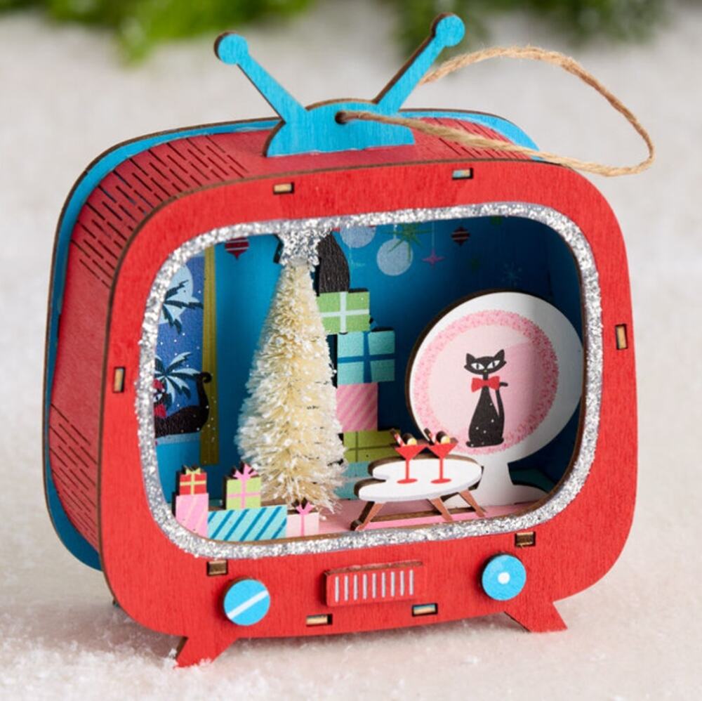 Mid Century Modern Atomic TV Cat Laser Cut Wood Christmas Ornament NEW Tags